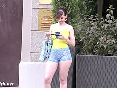 Jeny Smith struts in transparent shorts in public. Authentic showcasing scenes