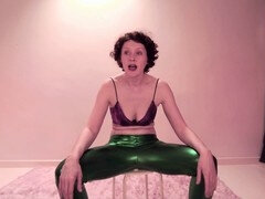 Naughty Jennifer Teel grinds on a faux cock in her PVC leggings