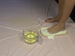 Golden shower session with sole fetish and food play; swallow and lick it all up
