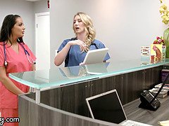 Big-titted rookie nurse with wet pussy rubs and licks her Superior's hairy ass