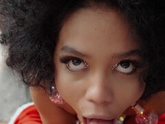 Curly-haired ebony Selva Lapiedra gets fucked cocky Santa