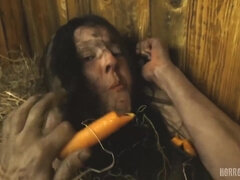 Kinky, dirty woman is tied up in the stable and getting facefucked all night long