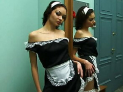 Petit Brunette Maid Jessia Seduces You With Her Clean-shaven Pussy