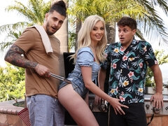 Sweet blonde teen is happy to take two young dicks