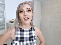 Little stepsister Jamie Jett sucks cock in the bathroom Alex Jett