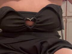 Black Mini Skirt Gold High Heels Horny Bitch Cums Hard