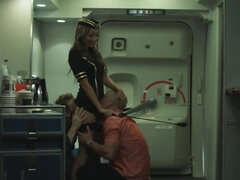 Amazing stewardess is pleasing two customers at once