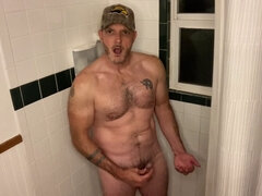 Naughty daddy talking dirty while taking a piss and stroking himself off