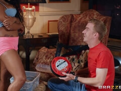 Dark-skinned whore with fake boobs takes Danny's cock as deep as she can