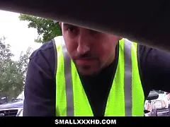 Nerdy small teen lets parking attendant screw her for spot