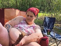 Naughty Slut in the Woods Finds a Big Fat Log and Fucks in All Her Holes and Squirts It Hard