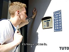 Obciąganie, Para, Styl na pieska, Kuchnia, Dojrzałe, Rosyjski, Pończochy, Nauczyciel