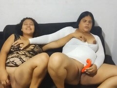 Naughty stepsister and I have fun masturbating in the empty living room  so hot!