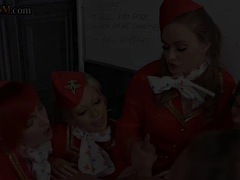 CFNM flight attendants suck and masturbate guys cock in blowjob