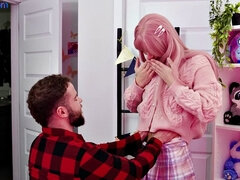 Pink hair femboy in college uniform fucked in skinny ass