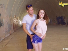 Girl with a tattoo on shoulder fucked in the tunnel