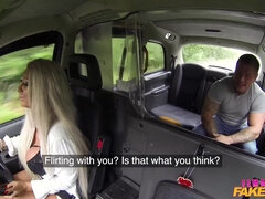 A lady cab driver gets horny and hops on a passenger's big stiff cock