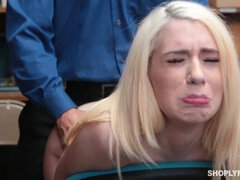 Skinny young blonde Joseline Kelly blowjobs cop's big cock in his office