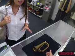 Pretty amateur sucks a big cock and gets hardcore banging at the pawnshop