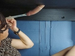 Handjob on the milking table leads to a cum-filled condom