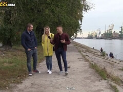 Blonde girl gives head in the fresh air