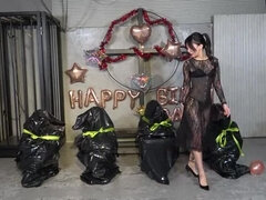Mistress Sara's Birthday Party: Asian Femdom Whipping & Wax Play with 4 Slaves