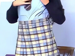 무대 뒤에서, 흑갈색 머리, 대학교, 귀여운, 스커트, 혼자, 스타킹, 유니폼