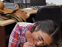 Cock sucking pawn shop babe gets pussy fucked by store owner