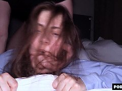 Petite college chick with small tits gets her hair pulled and takes a hard cock in her mouth