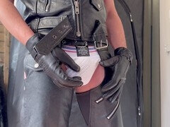 Erotic display of my leather-clad booty and bulge in chaps, boots, jockstrap, and gloves