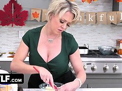 Rion King's Big Tits Get Stuffed with Cum on Thanksgiving by a Hot Blonde MILF
