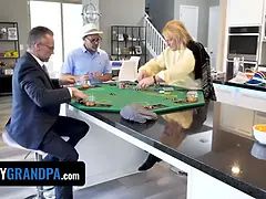 Notmygrandpa - dark haired teenager beauty gets gangbang by 3 crazy senior dicks after strip poker game