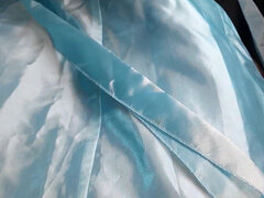 Asian Cross Masturbate and Cum Wearing Satin Shiny Blue Gown