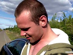 Short haired granny gets b. fingering on a BM