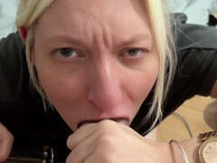 POV Blonde MILF Gives Teasing Blowjob Inside a Transparent Cock Sleeve