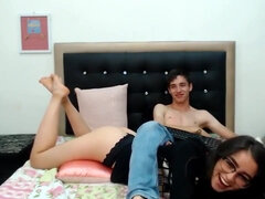 Young latin couple on bed - shy cumdumpster gives blowjob