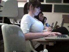 Brunette girl has awesome huge boobs on candid video