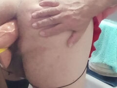 Anaal, Travestiet, Seksspeelgoed, Ondergoed, Masturbatie, Rijpe lesbienne, Alleen, Kousen