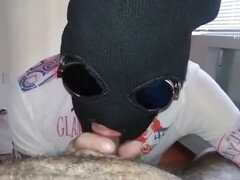 Cheating dyke in a ski mask gives a wild blowjob