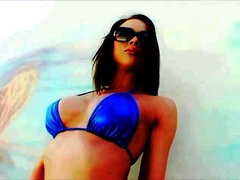 Brunette bimbo Chanel Preston losing bikini panty down and teasing with both slits