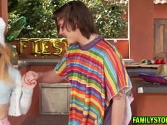 Stepsiblings sneaking out and fuck in bed
