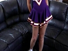 Cheerleader in uniform gets her tight pussy pounded on leather sofa - Blonde confession