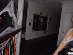 Busty redhead chick in stockings gets fucked in the middle of the night