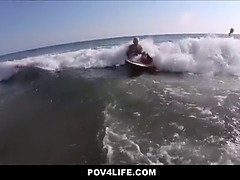 Hannah Hays teaches small-boobed teen to suck on a big one on the beach