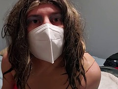 Brunette sissy crossdresser with big tits seduces slim sexy ass in lingerie with small cock in cage