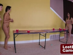 Amateur Lesbian Game Bet: Wild Strip Pong Showdown with Big Natural Tits