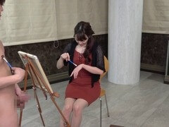 Art school girl Ayano Kato draws while watching some hot masturbation
