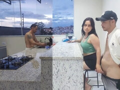 Fucking Hot Wife in the Kitchen Until She Cums, While the Cuckold Washes the Dishes