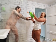お尻, 浴室, フェラチオ, 捕まる, バック, キス, ティーン, 濡れ