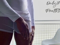 Ebony beauty gives a handjob to a big black cock and enjoys a jizz-filled orgasm
